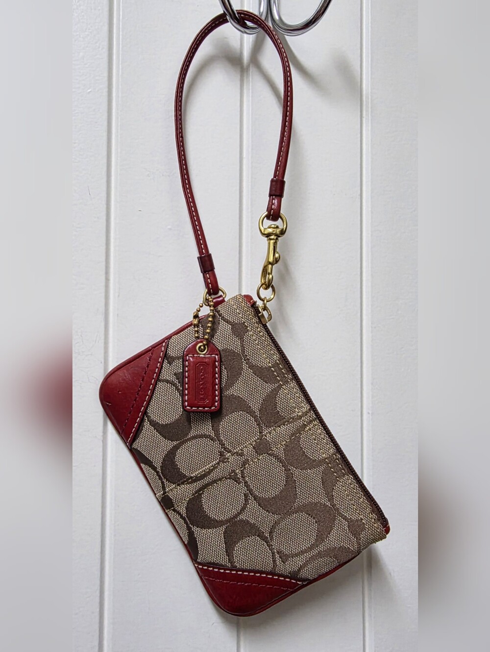 Coach Beige Signature Canvas Wristlet with Red Leather Accents